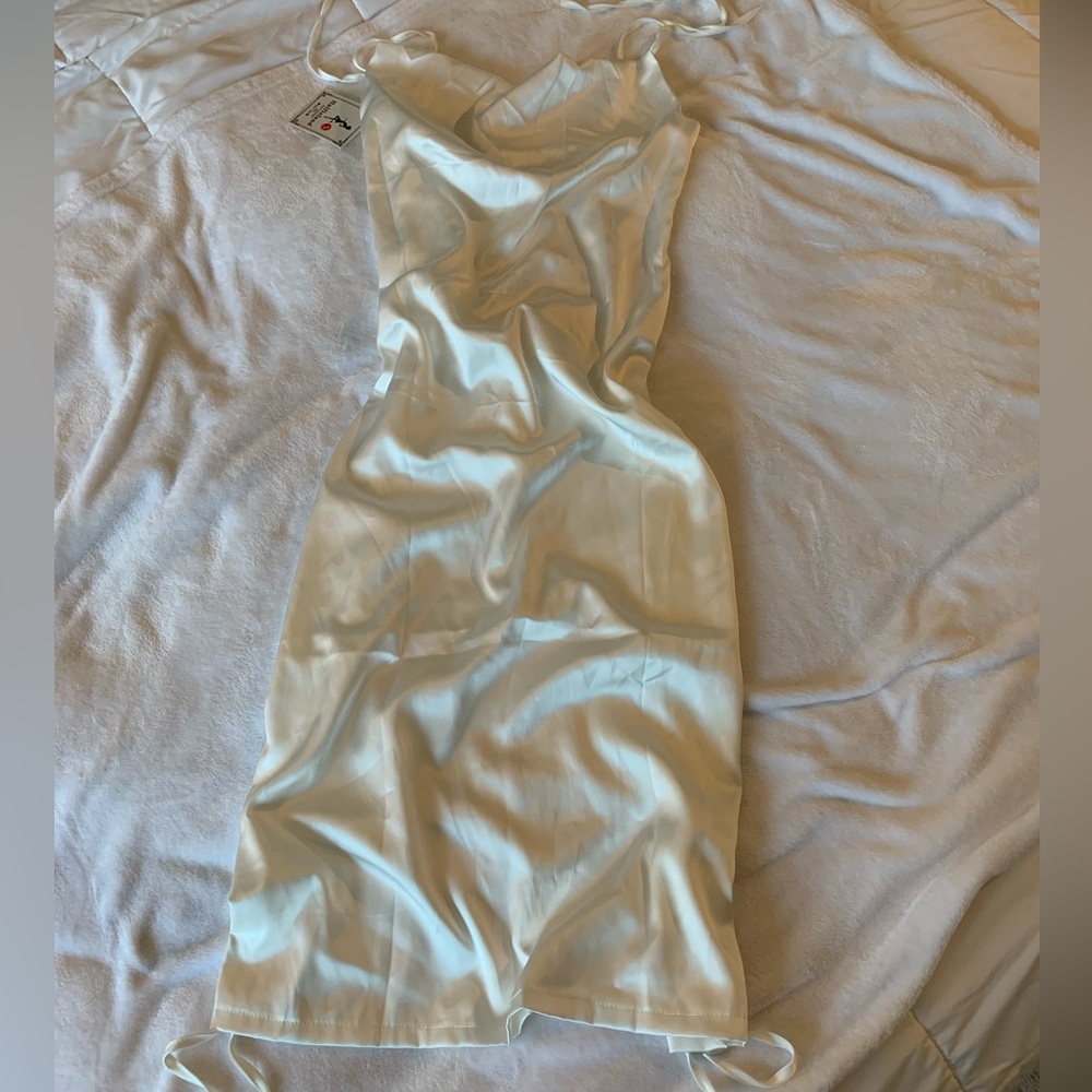 NWT Satiny Slip Dress Cowl Neck Adjustable Ties on Shoulders & Legs * Fits M- L